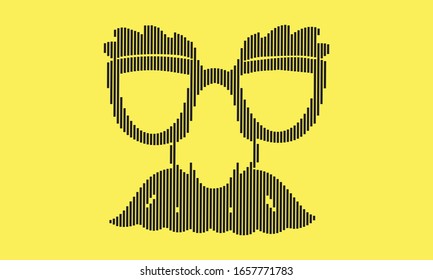 April fools day vector in line art over yellow background, illustration with  funny glasses and crazy face accessories.