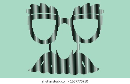 Vector del día del tonto en arte en línea sobre fondo verde, ilustración con gafas graciosas y accesorios de cara locos.