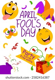 April Fool's Day vertical poster template. Vector Illustration with hand writing lettering, jack in the box, emoji, eyeglasses with fake nose. Party invitation. Flyer, poster, brochure, card, banner