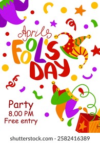 April Fool's Day vertical poster template. Vector Illustration with hand writing lettering, jack in the box, jester's hat. Party invitation. Flyer, poster, brochure, card, banner