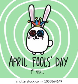 April fools' day word and crown rabbit cartoon vector illustration