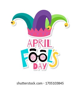 April fools poster. Crazy eyes glasses and harleuin hat - Vector illustration