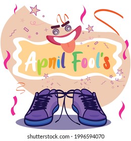 April fools poster Funny face and tied shoes prank