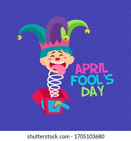 April fools poster. Joke box with a crazy harlequin - Vector illustration