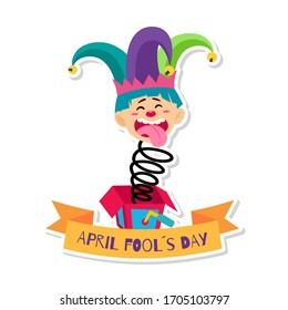 April fools poster. Joke box with a crazy harlequin - Vector illustration