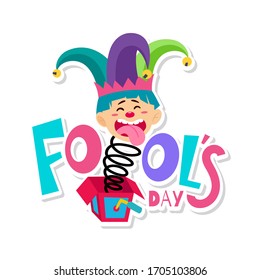 April fools poster. Joke box with a crazy harlequin - Vector illustration
