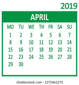 April. Fourth page of set. Calendar 2019, template. Week starts from Monday. Vector illustration