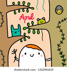 April hand drawn illustration with cute marshmallow in the forest cartoon minimalism