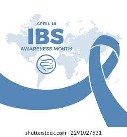 April is irritable bowel syndrome (IBS) Awareness Month vector illustration. Blue grey awareness ribbon and world map silhouette icon vector isolated on a white background. Important day