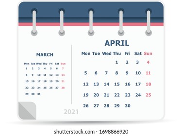 April and March 2021 - Calendar Icon - Double Calendar - Week starts monday. Calendar design template. 