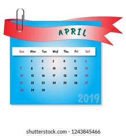 April month calendar 2019 vector with blue background and red ribbon with paper clip. Happy new year 2019