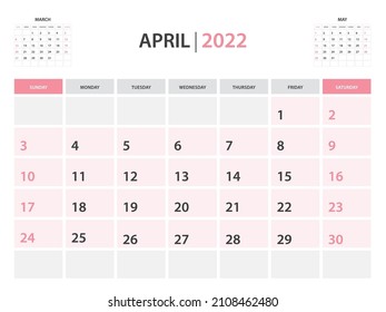 April month, Calendar 2022 template vector on pink background, Desk calendar 2022 layout, Wall calendar design, week start on Sunday, planner