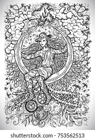 April month graphic concept. Hand drawn engraved fantasy illustration. Young magician of Spring sitting on the moon against the background of plants, leaves and steampunk mechanism