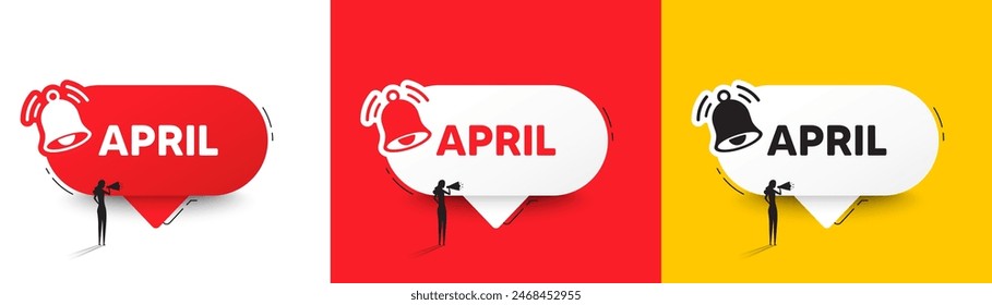 April month icon. Speech bubbles with bell and woman silhouette. Event schedule Apr date. Meeting appointment planner. April chat speech message. Woman with megaphone. Vector