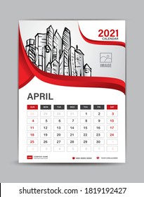 April month layout. Desk calendar 2021 template with city vector illustration, Wall calendar Planner, Can place pictures and other images instead. Red abstract background