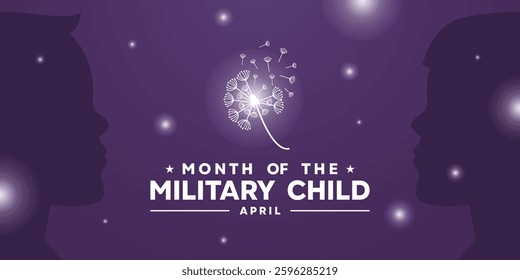 April Is Month Of The Military Child. Children, light and dandelion. Great for cards, banners, posters, social media and more. Purple background.
