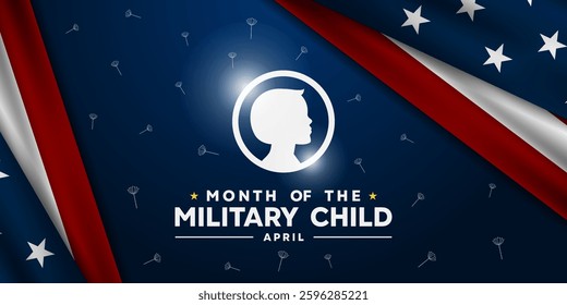 April Is Month Of The Military Child. Children, america flag and dandelion. Great for cards, banners, posters, social media and more. Blue background.