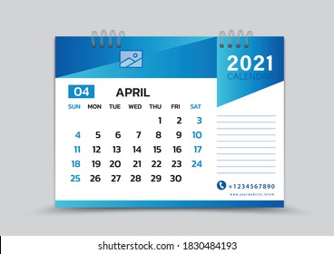April month template, Desk Calendar 2021 Creative design can be place photo and logo, Week starts on Sunday, vector for calendar 2021 template, Blue gradient background