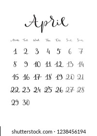 April. Monthly calendar for 2019 year. Handwritten modern calligraphy. Elegant, cute and stylish. Week starts on Monday. Perfect for planners, calendars, organizers.