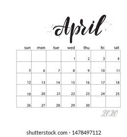 April. Monthly calendar for 2020 year. Handwritten modern calligraphy headlines. Elegant and stylish. Week starts on Sunday. Perfect for planners, calendars, organizers.
