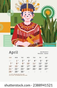 April monthly calendar with Indonesia National Holiday template layout Editable Text