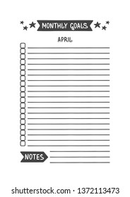 April Monthly Goals. Vector Template for Agenda, Planner and Other Stationery. Printable Organizer for Study, School or Work. Objects Isolated on White Background.