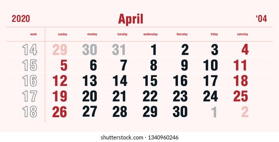 April Page 04 Month Premium 2020 Year Calendar Stylish Grid English Classic Style. Luxury template vector design