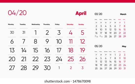 APRIL PAGE. 12 Months Premium 2020 Calendar Grid Set. Table, Wall, Desk, Quarter Diary Calendar 2020 Year Design. Clean, Simple Diary Planner. Vector, Editable.