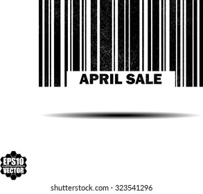 April Sale With Barcode And Shadow Black Grunge Stamp Isolated On White Background. Vector Illustration 