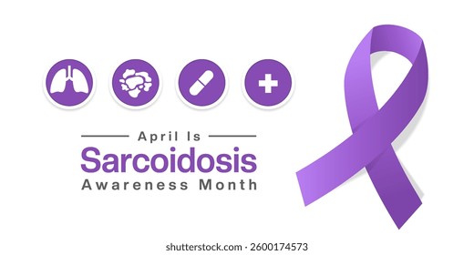 April Is Sarcoidosis Awareness Month. Lung, skin rash, medicine, plus icon and ribbon. Great for posters, banner, social media and more. White background.