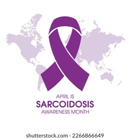 April is Sarcoidosis Awareness Month vector illustration. Purple awareness ribbon and world map icon vector isolated on a white background. Immune system disease. Important day