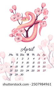 April serpent calendar with spring cherry blossom branch Vector illustration template for 2025 Year of Snake Flowers sakura composition with symbol of the Chinese new year. Typography for print