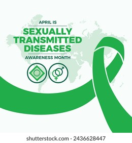 Abril es el mes de las enfermedades de transmisión sexual (STD). Vector de icono de cinta de conciencia verde. Plantilla para fondo, banner, tarjeta, cartel. Día importante