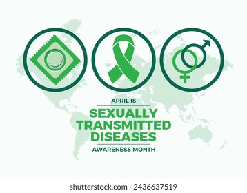 April ist sexuell übertragbare Krankheiten (STD) Bewusstsein Monat Poster Vektor-Illustration. Grüne Bewusstseinsband-Symbol-Vektor. Vorlage für Hintergrund, Banner, Karte, Poster. Wichtiger Tag