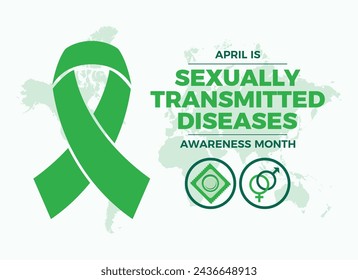 Abril es el mes de las enfermedades de transmisión sexual (STD). Vector de icono de cinta de conciencia verde. Plantilla para fondo, banner, tarjeta, cartel. Día importante