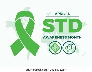 Abril es el mes de las enfermedades de transmisión sexual (STD). Vector de icono de cinta de conciencia verde. Plantilla para fondo, banner, tarjeta, cartel. Día importante