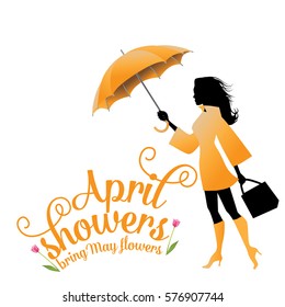 April showers bring May flowers design with fun swirly text and a woman in a raincoat and boots holding an umbrella. EPS 10 vector.