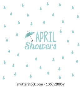 April showers illustration with umbrella icon and rain drops in the background isolated on white.