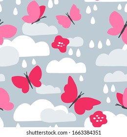 April showers seamless pattern with butterfly, cloud and raindrop vector isolated objects. Insect clipart, rainy weather background to print on a raincoat or umbrella fabric. 