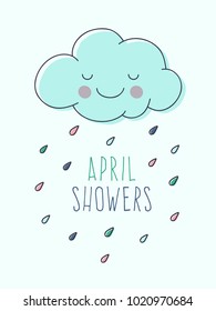 April Showers.Spring Greeting Card with Cloud and Colorful Raindrops and Text.