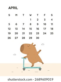 Calendario del mes de primavera de abril con divertido capibara