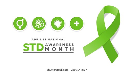 April Is STD Awareness Month. Gender icon, virus, shild, plus icon and ribbon. Great for posters, banner, social media and more. White background.
