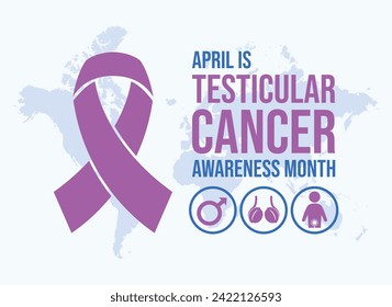 April is Testicular Cancer Awareness Month poster vector illustration. Purple cancer awareness ribbon, testicle, male symbol round icon set vector. Suitable for card, poster and banner. Important day