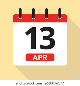 13 de abril. Vector de página de calendario. Ilustración de fecha. Concepto de tiempo. Rojo, blanco y amarillo. 13 de abril.