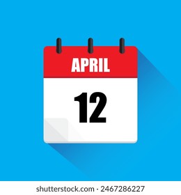 Calendario del doce de abril. Vector rojo y blanco. Icono de fondo azul. Ilustración de sombra larga.