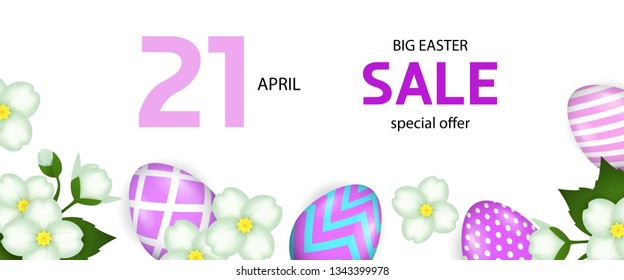 April twenty first, big Easter sale lettering with flowers and eggs. Easter offer design. Typed text, calligraphy. For leaflets, brochures, invitations, posters or banners.