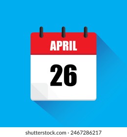 April twenty sixth. Red white vector. Blue background icon. Long shadow illustration.