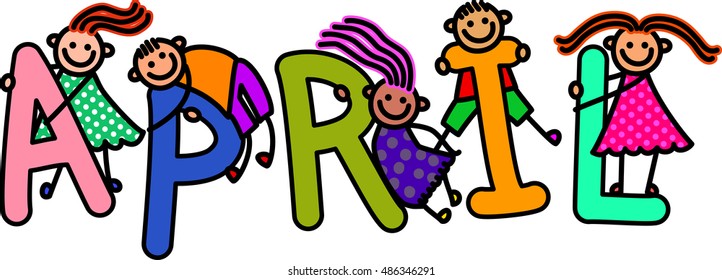 April typography with happy doodle children