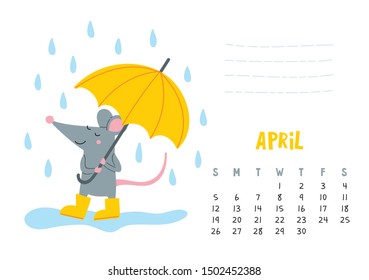 April. Vector calendar page with cute rat with umbrella under rain - Chinese symbol of 2020 year. Editable template A5, A4, A3 size, can be printed and used as a desk, table, wall calender