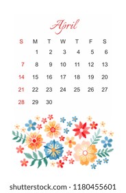 April. Vector calendar template for 2019 year with beautiful composition of embroidery flowers. Week start on sunday. 